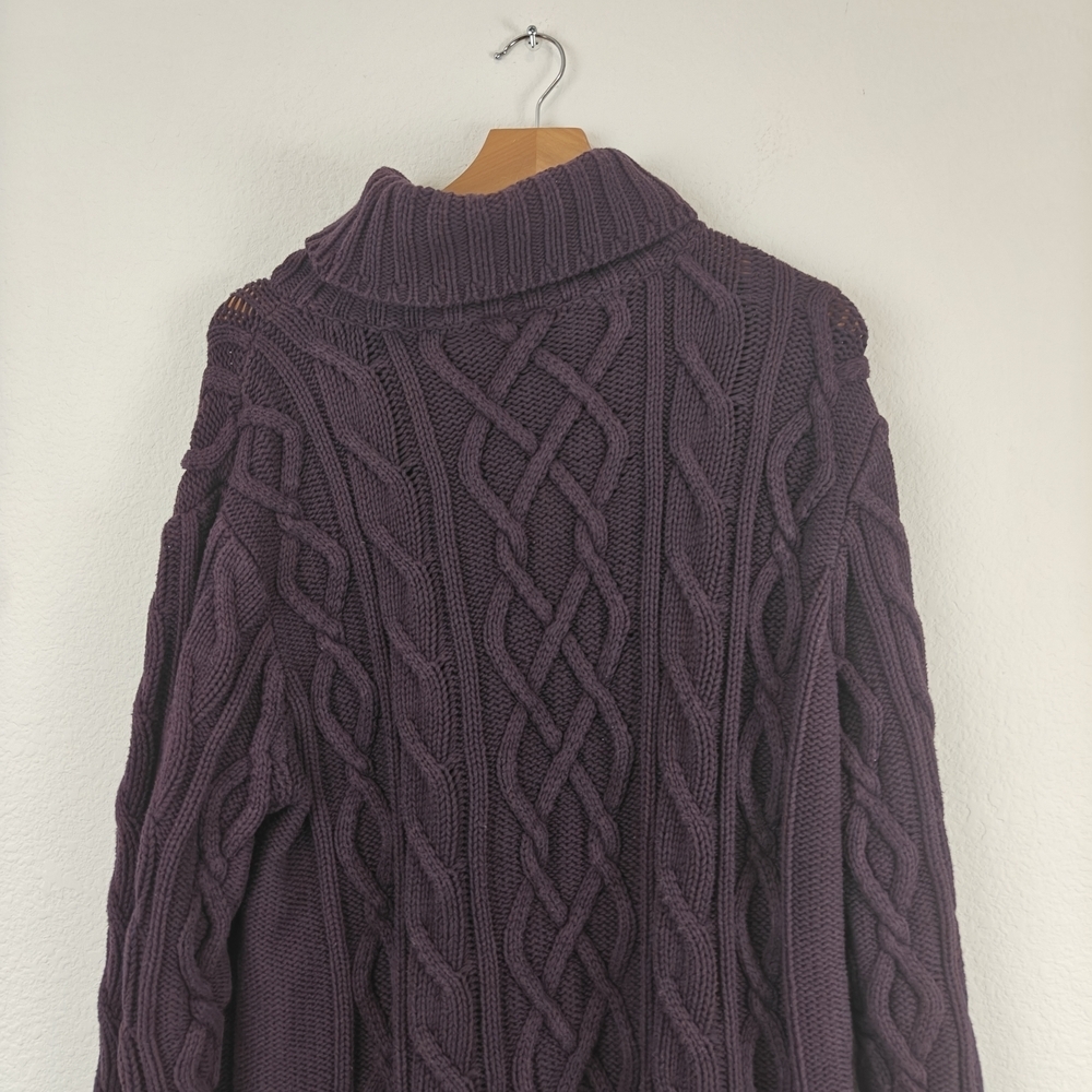 Bryn Walker Cotton Turtleneck Chunky Cable Knit Sweater In Eggplant Purple Sz LG - Picture 9 of 11